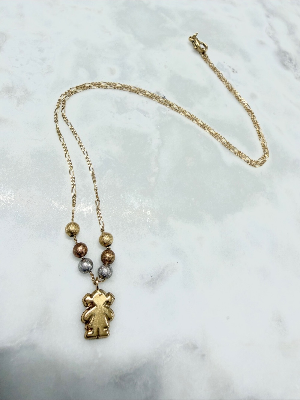 Gold-tone Bear Pendant Necklace with Tricolor Beads - Unbranded